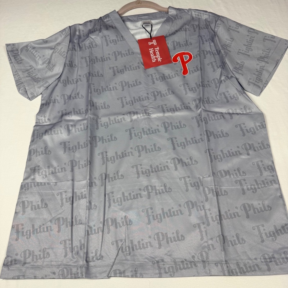 Philadelphia Phillies Scrub Top XL Grey Fightin Phils Temple Health NWT